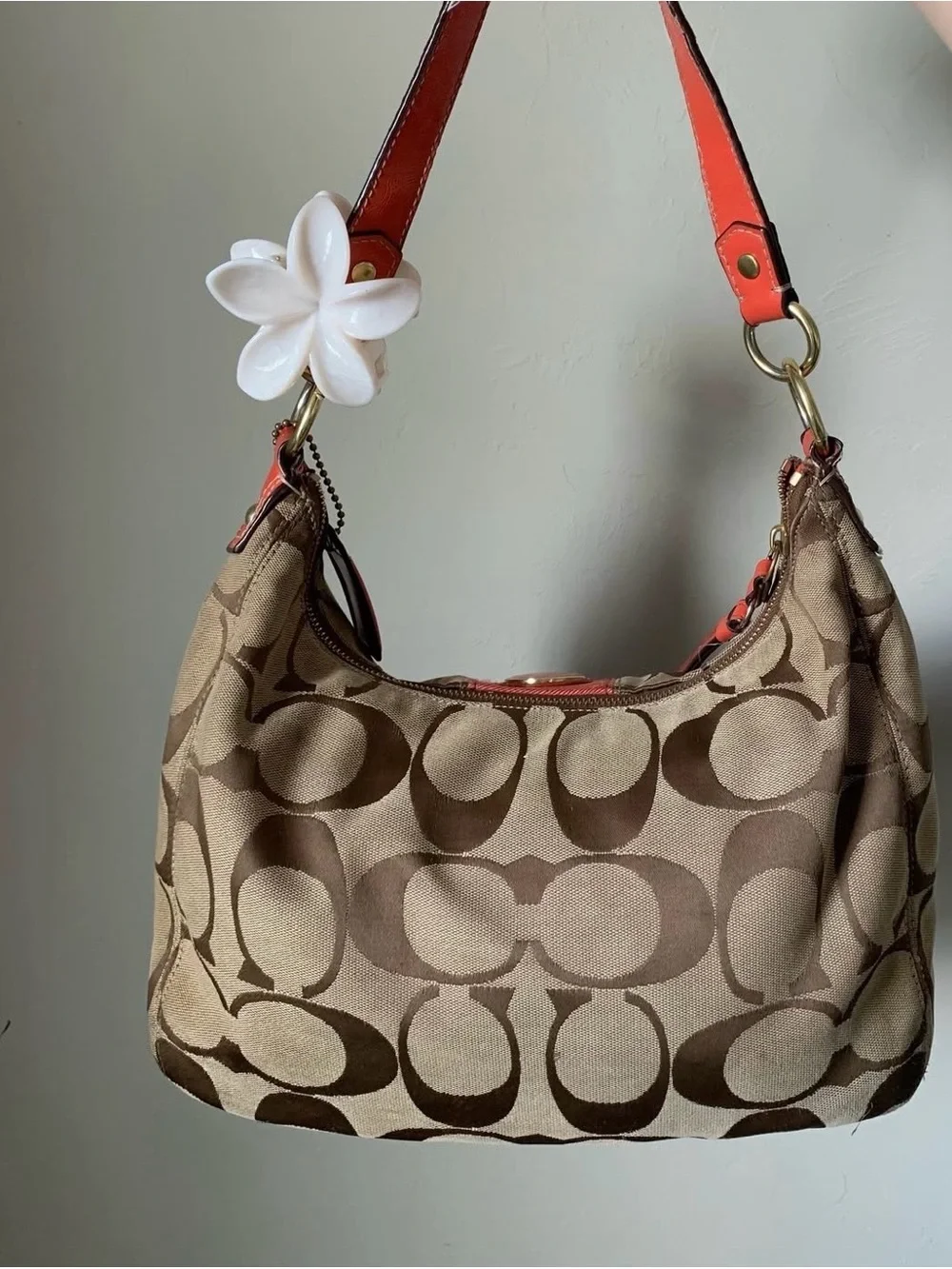 Coach Khaki Canvas Hobo with Coral Leather Accents